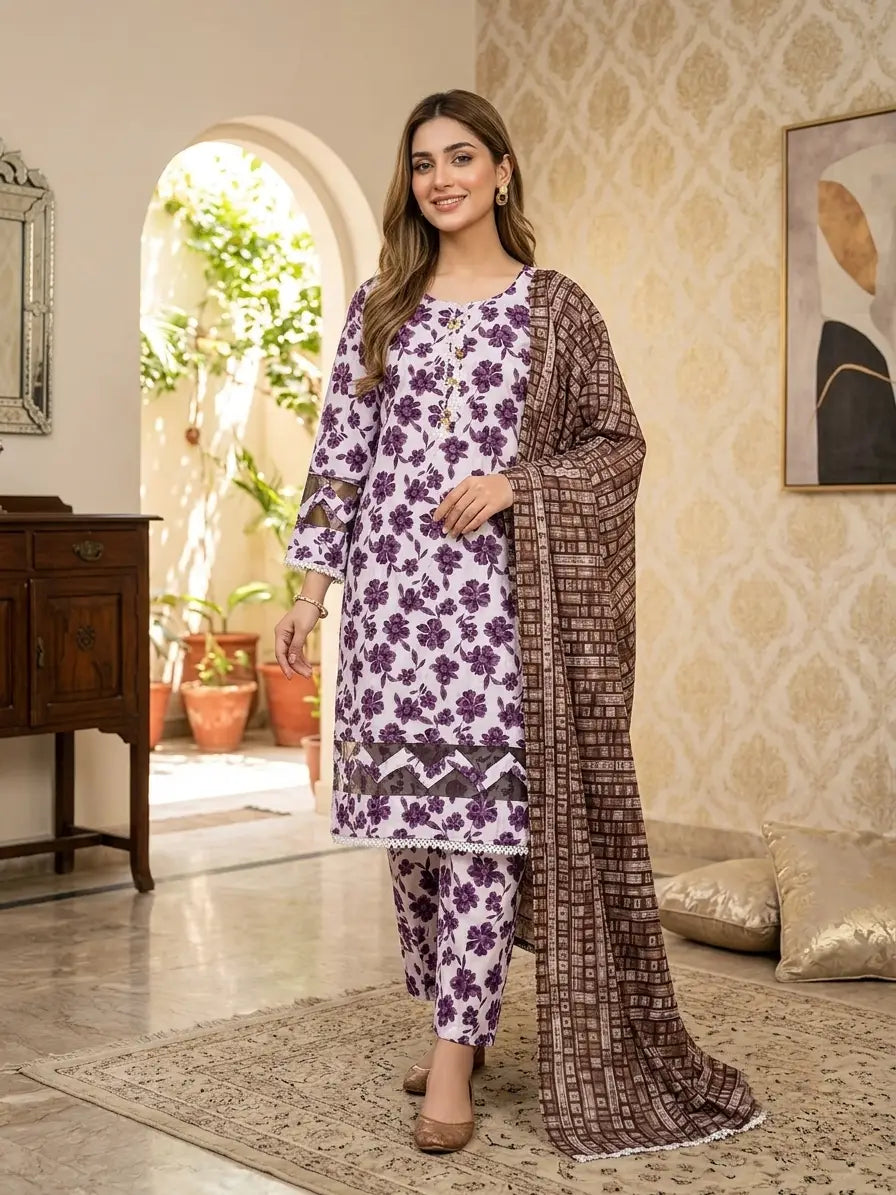 3 Pcs Women's Stitched Fancy Tissue Work Printed Suit
