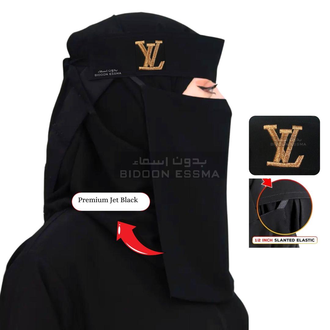 Black Chiffon LV Embroidered Niqab with Metal Clip