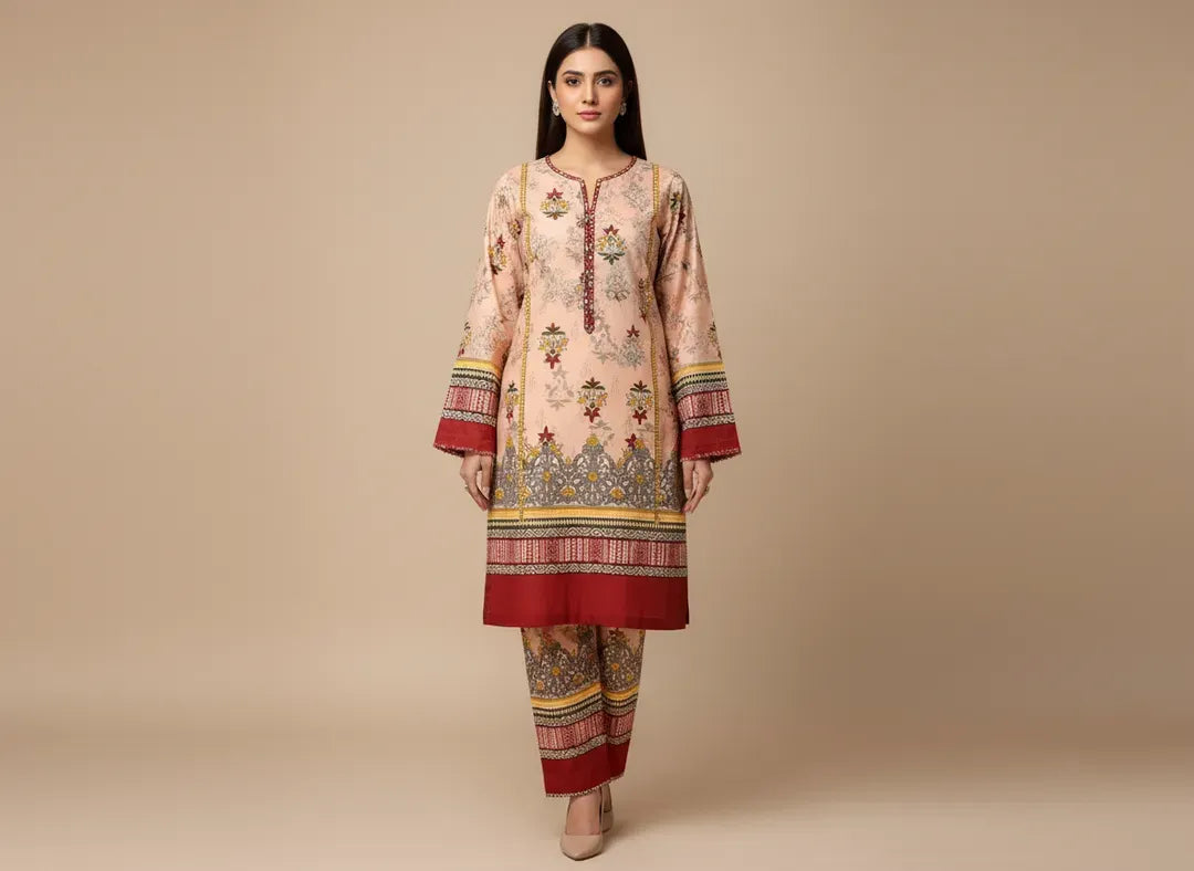 Women Unstitched Printed Suit Pink Polo Cotton 2 Pcs
