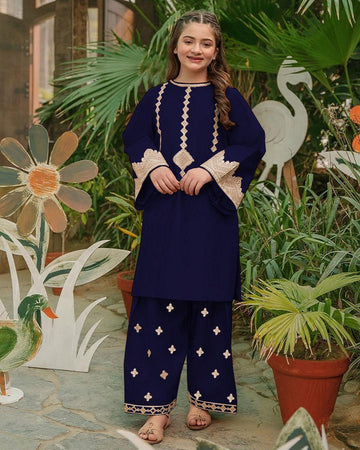 Kids Embroidered Front Neck & Sleeve Shirt Set