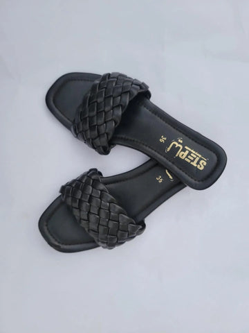 Black Woven Slipper Flat Shoes for Women
