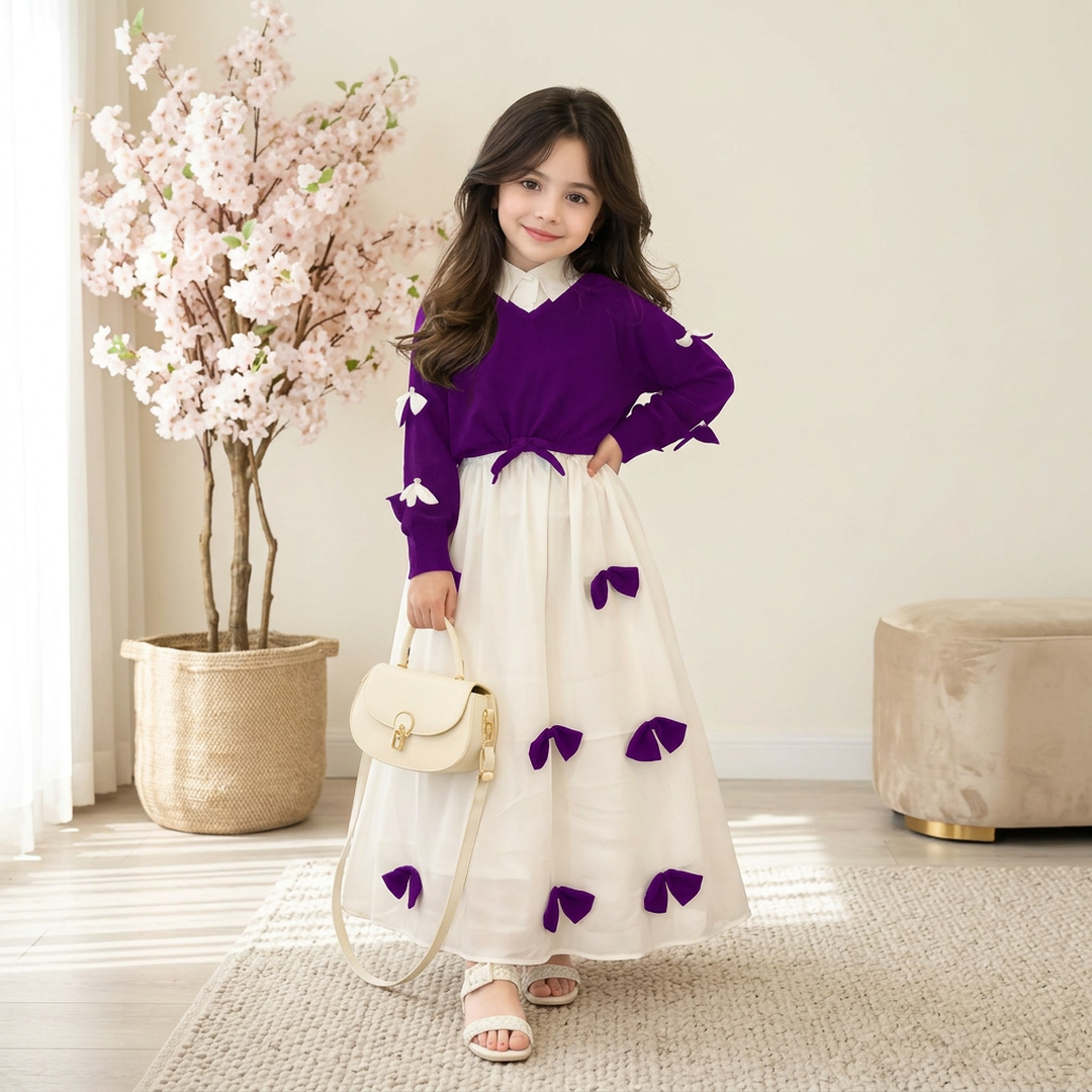 Girls Georgette Bow Top Maxi Set Purple White